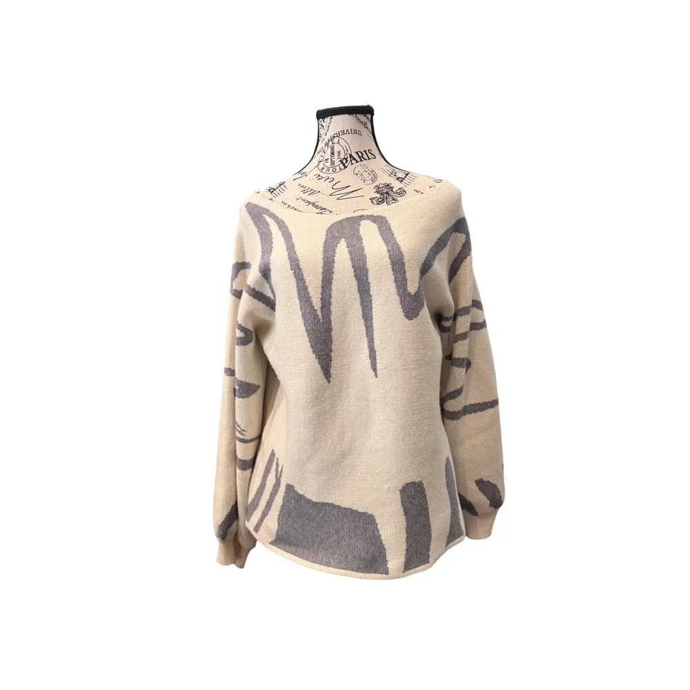 Womens Abstract Graphic Lantern Sleeve Knit Sweater - Picture 2 of 5